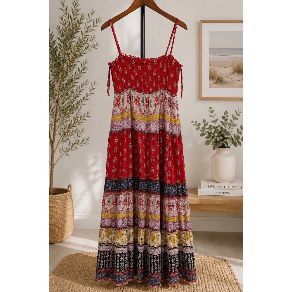 Cache Vintage 100% Cotton Made in India Boho Smocked Patchwork Maxi Dress Size M